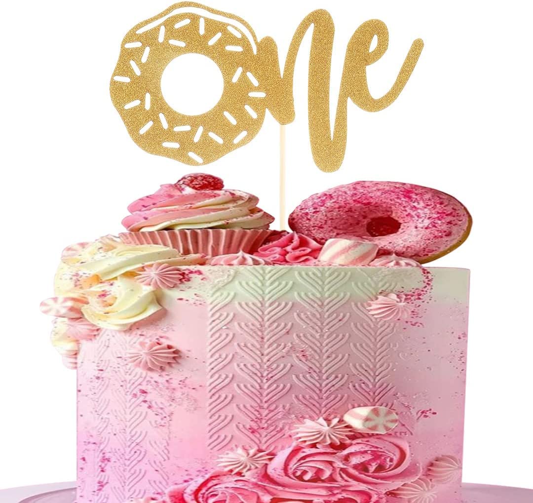 Itsyyboo Gold Donut Cake Topper for 1st Birthday - Gold Glitter First Birthday Shower Topper, Donut One Birthday Party Cake Smash Topper Photo Booth Props, Single-sided Donuts Cake Decorating Supplies (Donut)