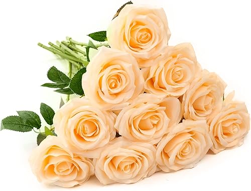 Rosas Artificiales 10 unidades Ramo de Flores Abiertas Tallos de Rosas Artificiales para Arreglos de Boda, Ramo de Novia, Centro de Mesa, Flores de