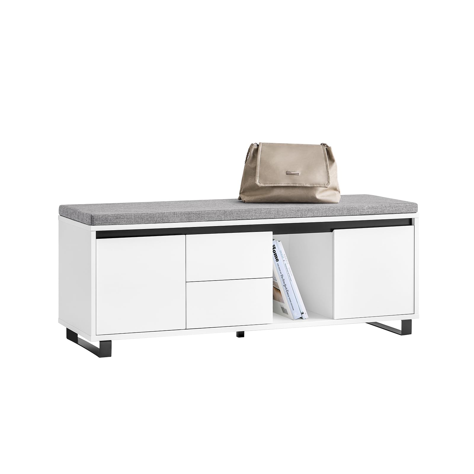 SoBuy Banco Zapatero con 4 Estantes 1 Compartimento 2 Cajones y 2 Puertas Entrada Recibidor con Cojín Acolchado de Asiento 110 x 35 x 42 cm Blanco FSR176-W ES
