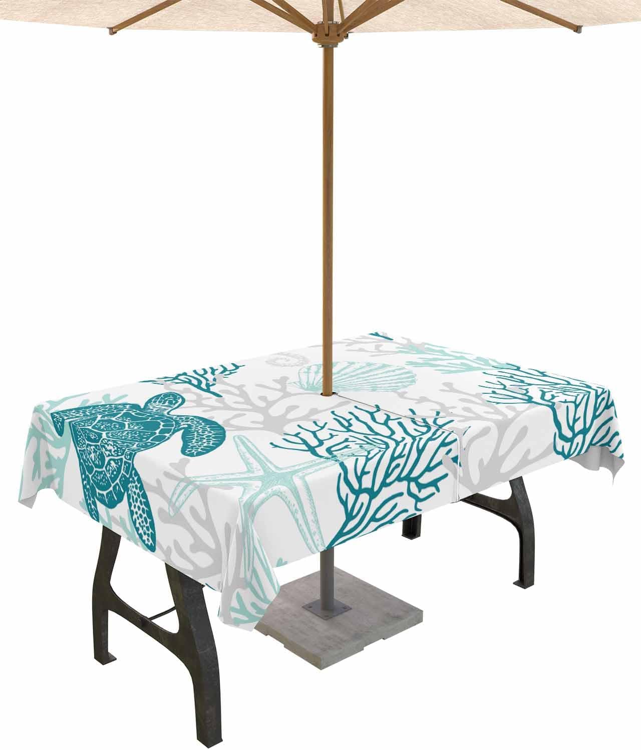 Turquoise Coastal Rectangle Outdoor Tablecloth, Waterproof Table Cloth Cover with Umbrella Hole and Zipper, Sea Turtle Nautical Coral Summer Beach Table Protector for Patio Party Picnic 54"x80"