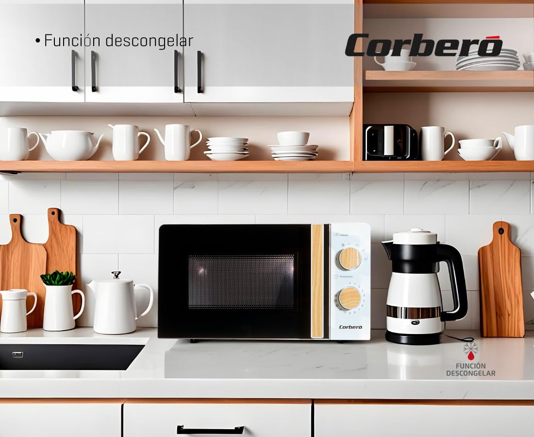 Corberó - Microondas | CMICG270WOODN | 20L | Potencia 700W | Descongelar y Calentar | Control Mecánico 5 Niveles | Temporizador 30 Min | Plato Giratorio 245mm | Blanco