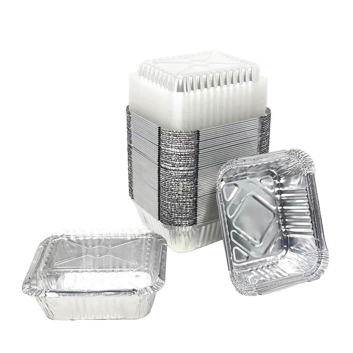 Tsyware50 Pack Disposable Oblong Aluminum Tin Foil Pans with Clear Plastic Lids (50 Pans and 50 Lids) 1 Lb Capacity for Catering, Leftovers, Buffet, Carry Out and Takeout