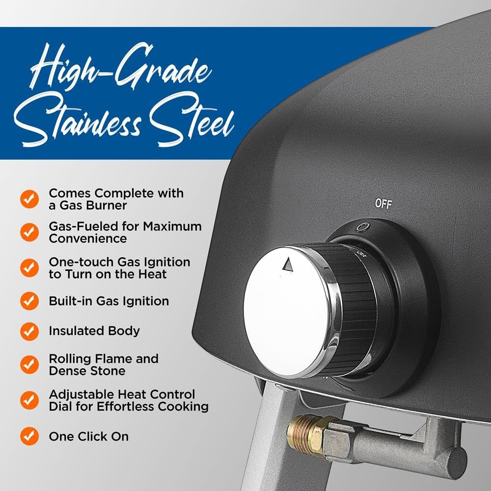 NutriChef Portable Outdoor Gas Pizza Oven - Includes Foldable Feet, Adjustable Heat Control Dial, Burner, Stone & Regulator Hose - Cooks 12" Pizza in 60 Seconds - 25.24'' x 16.14'' x 12.40'' IN