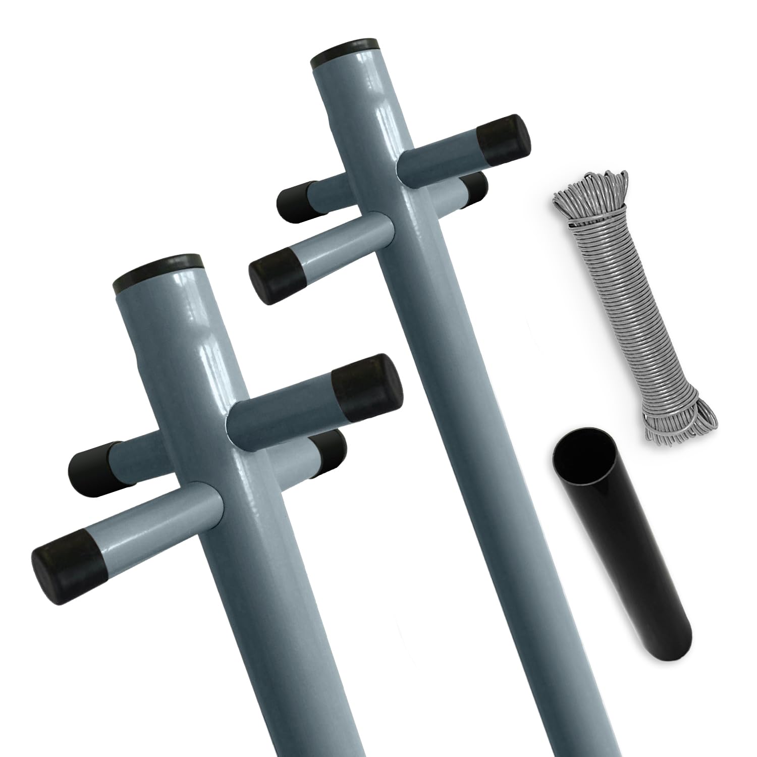 FB FunkyBuys Heavy Duty Galvanised Washing Line Post Pole Clothes Line With Socket 2 Part Standard Outdoor Garden Pole With 60m Nylon Rope Dark Grey (Pack of 2)