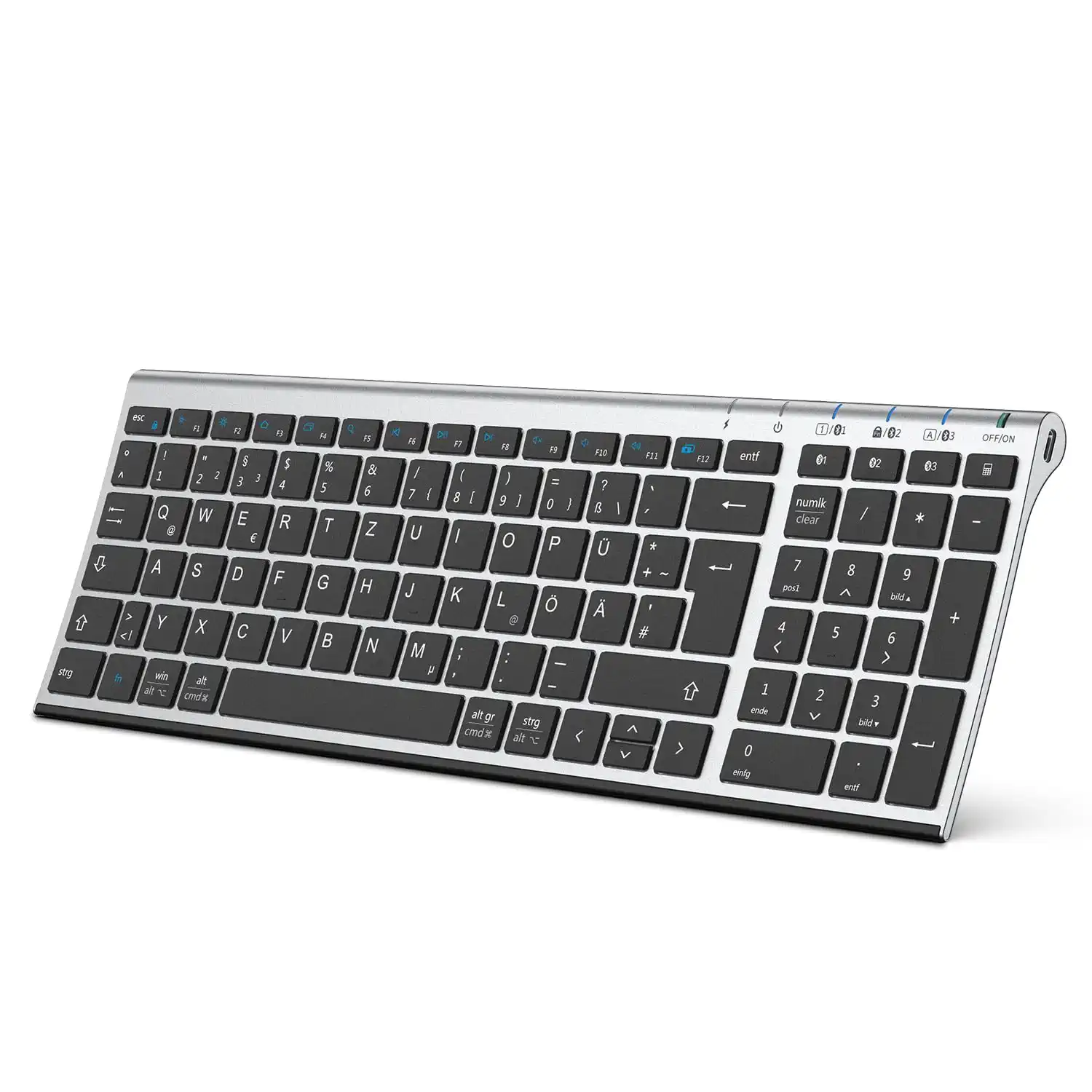 iClever BK10 Bluetooth Tastatur, kabellose wiederaufladbare mit 3 Bluetooth Kanälen, Stabile Verbindung, Ultraslim Ergonomisches Design, Funk Tastatur für iOS, Android, Windows
