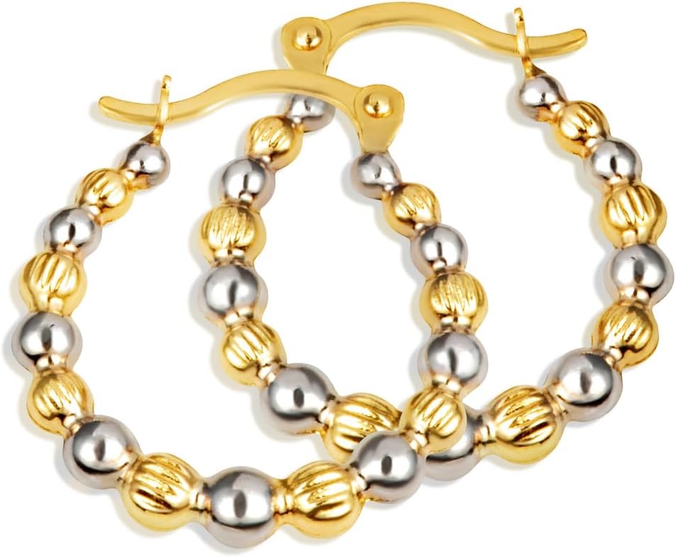 Gold Reversible Beaded Hoop Earrings for Women | 10K or 14K Two-Tone White and Yellow Gold