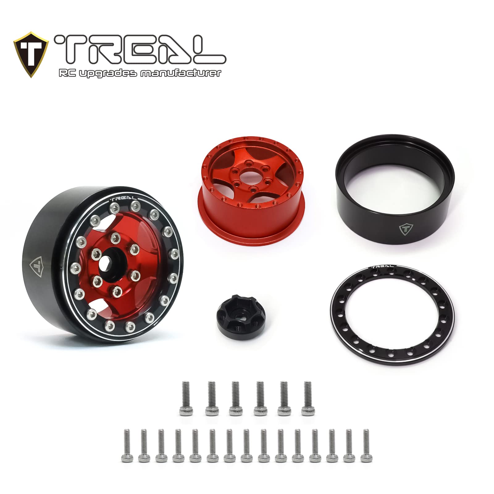 Treal Lot de 4 roues Beadlock de 3,9 cm en aluminium usiné CNC pour voiture sur chenilles 1/18 UTB18 et 1/10 RC AX90069 D90 TF2 Tamiya CC01 - Type B (rouge
