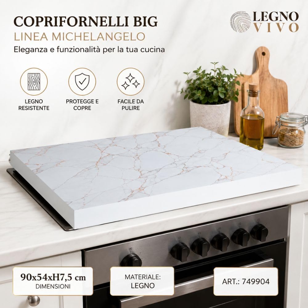 Coprifornello in Legno Ultraresistente 90x54x7,5 cm – Copripiano Cottura Effetto Marmo Marmorizzato – Protezione Piano Cottura Cucina – Variante Oro o Silver (Silver)
