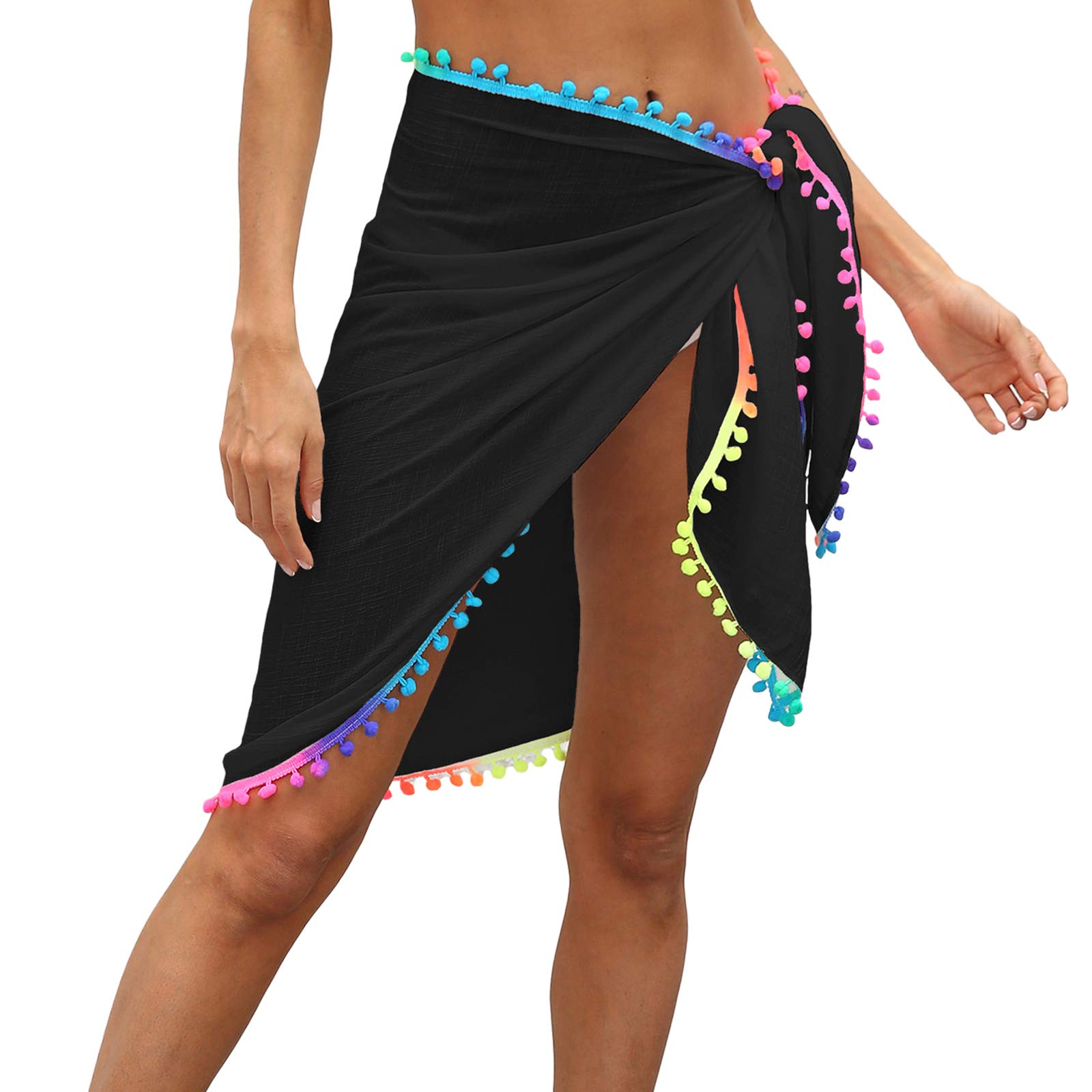 XIXIMAON Pareo Playa para Mujer Cover Up de Bikini con Borlas Traje de Baño Falda Cubierta Sarong de Bañador Ropa de Baño para Mar Piscina Vacaciones (Negro', Talla Única)