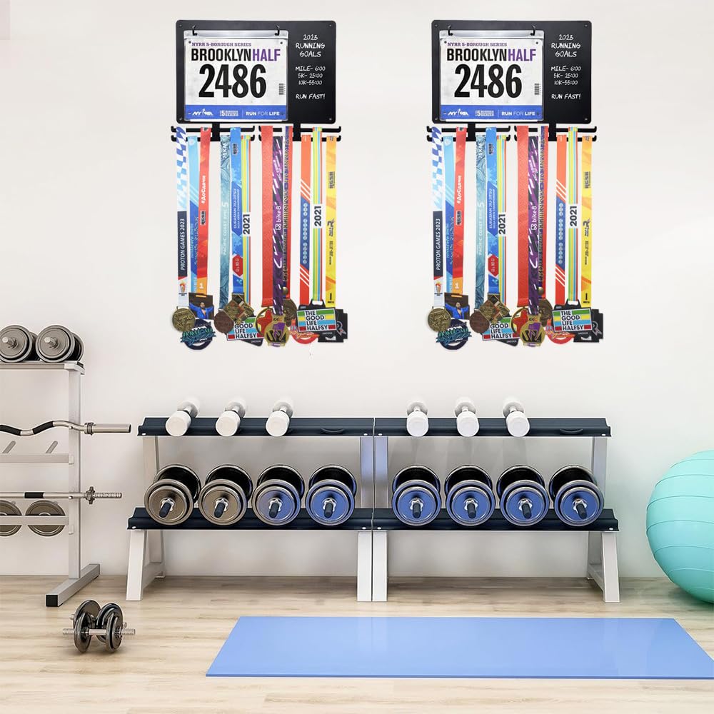 Porta Medallas de Pared, Medallero Expositor con Soporte para Medallas y Babero, para Deportes Corredores Gimnasia Natación