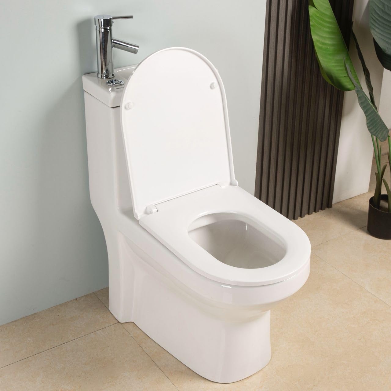 Compact Toilet 2-en-1 avec bassin de lavage intégré et robinet chromé - WC en céramique blanc économisant de l'espace