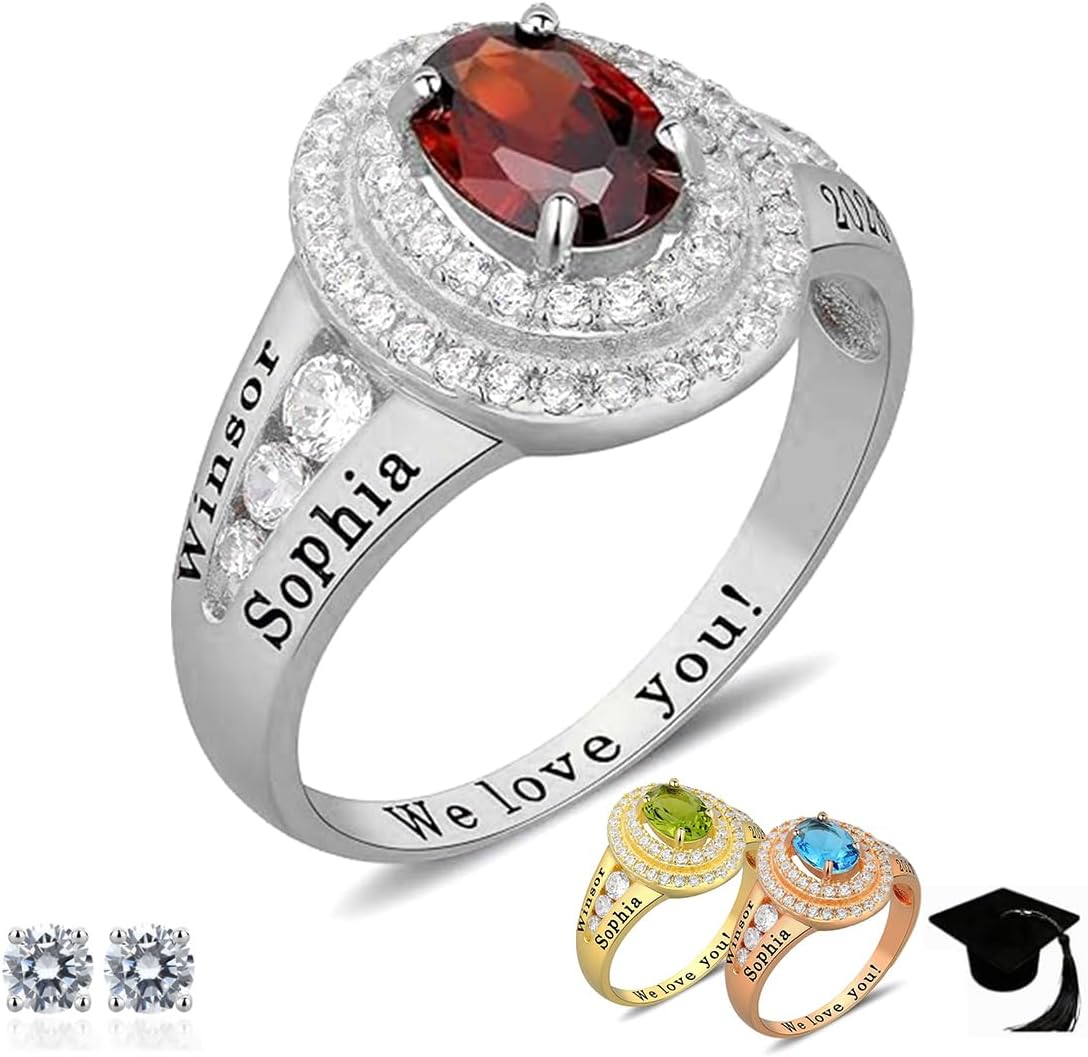 Personalized Custom Class Rings Cubic Zirconia Birthstone Rings Class Rings for Women High School Gold Plated Sterling Silver Rings Women's Class Rings Size 5-15 Graduation Rings for Women