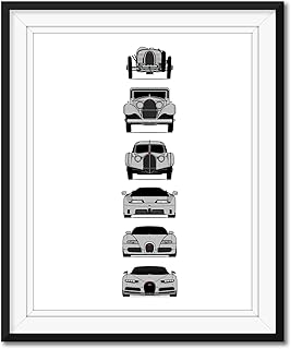 Bugatti Generations Inspired Poster Print Wall Art Handmade Decor of the History and Evolution of the Best of Bugatti (Type 35, Type 41, Type 57SC, EB110, Veyron, Chiron) (Unframed) (11x14" Print (Unframed), Satin Paper, Silver)