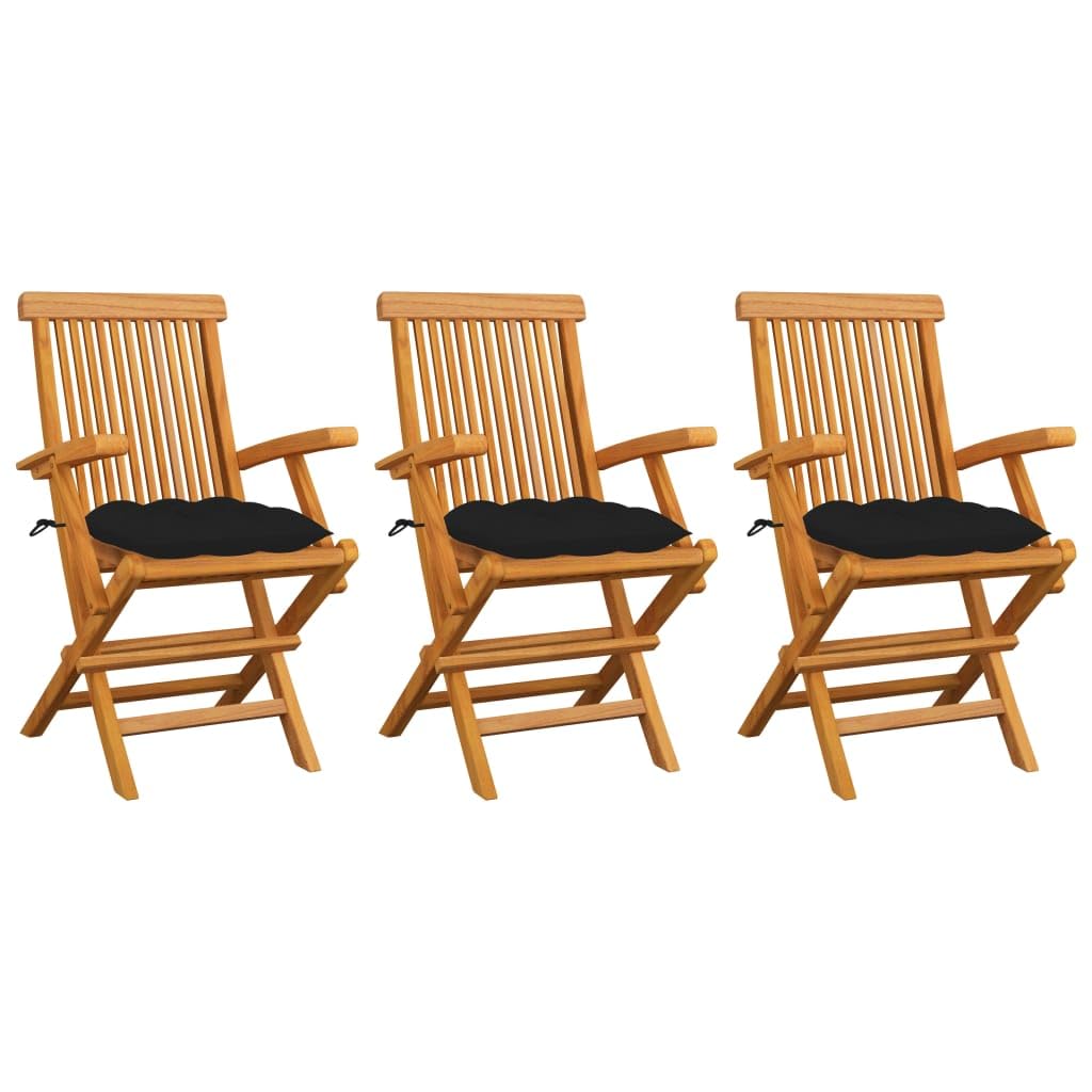 Chaises de jardin avec coussins lot de 3 en bois de teck massif noir 23.8KG