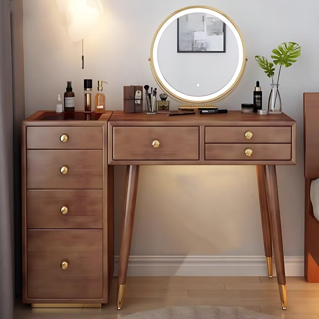 Solid Wood Makeup Vanity Desk - Luxury Dressing Table with Mirror and LED Lights, Vanity Set Include Side Cabinet & Storage Drawers and Makeup Chair for Bedroom (Walnut Color,39'') 39IN