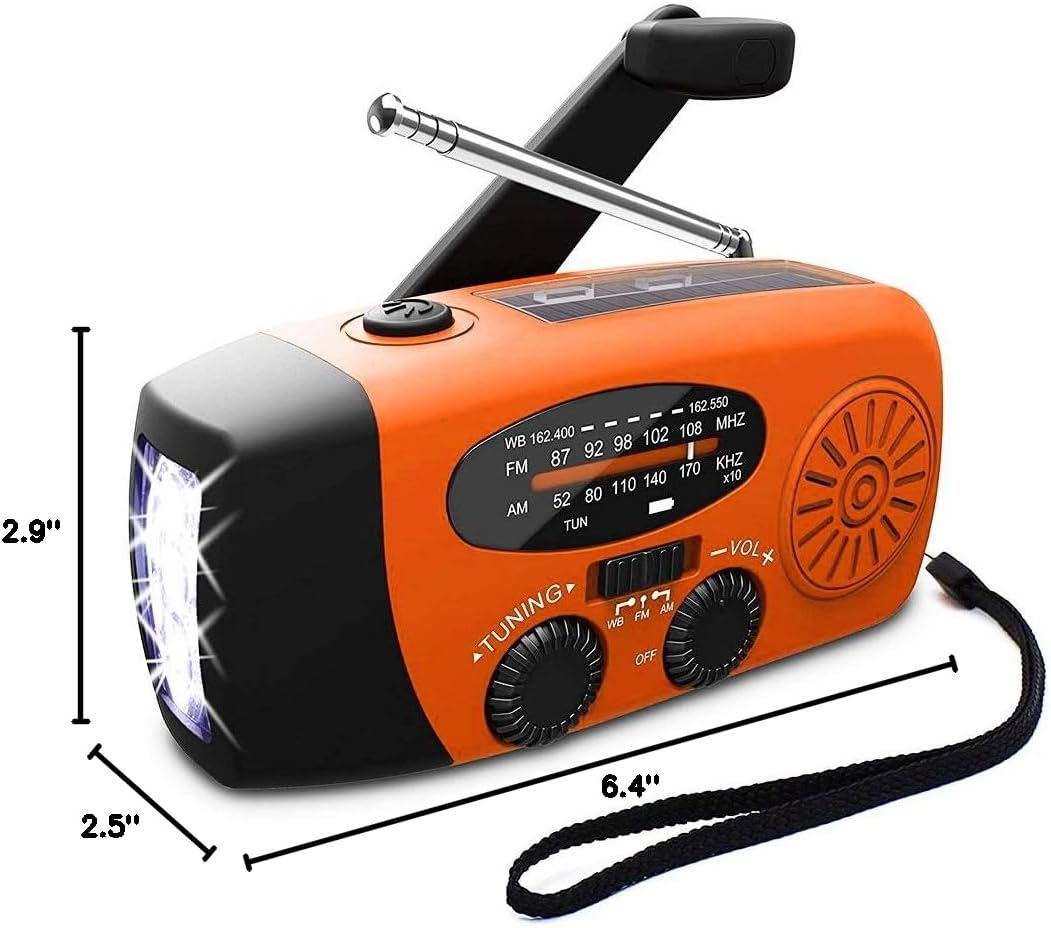 Emergency Weather Radio, Upgraded Hand Crank Radio with LED Flashlight, Mini Portable Solar Radio AM/FM NOAA Weather Radio, 2000mAh Power Bank USB Charger for Smart Phone(Orange)