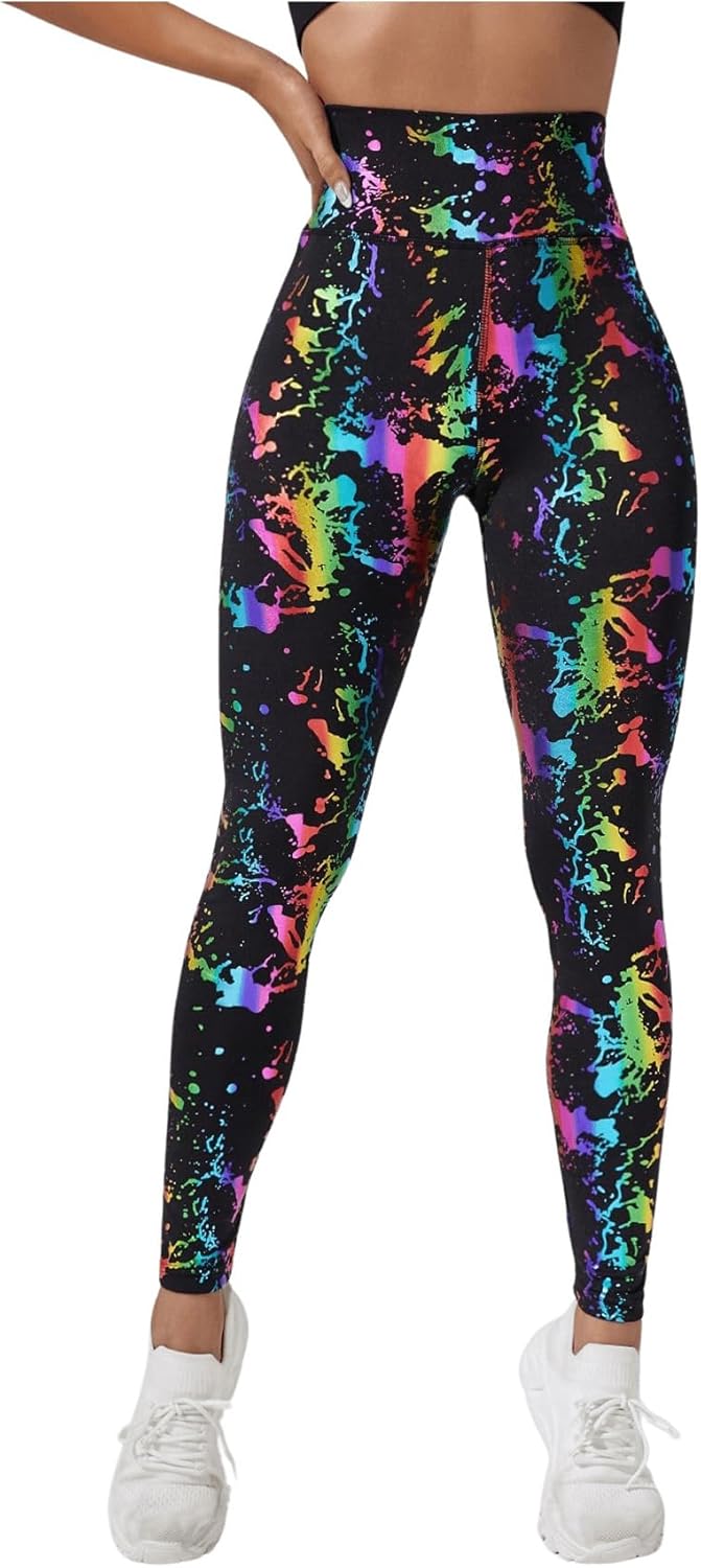 GORGLITTER Women's Neon 80s Leggings Rave High Waisted Y2K Festival Skinny Pants