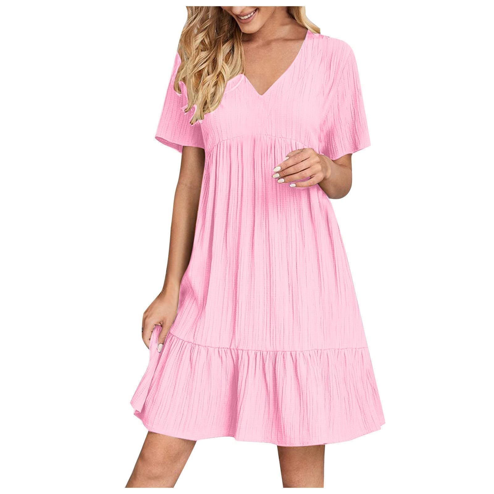 Sommerkleid für Damen, kurz, Strandkleid mit kurzen Ärmeln, V-Ausschnitt, einfarbig, Rüschen, elegant, leicht, tailliert, Strandkleid, Sommerkleid, lässig, Urlaub