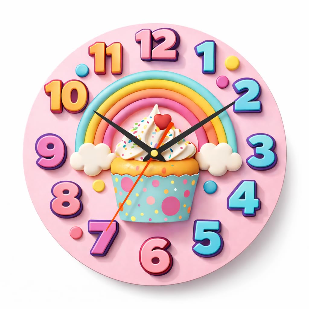 Cartoon Style Cupcake Wall Clock for Kids Room Rainbow Theme Decorative Silent Clock MDF Wooden 12 Inch-picture-31