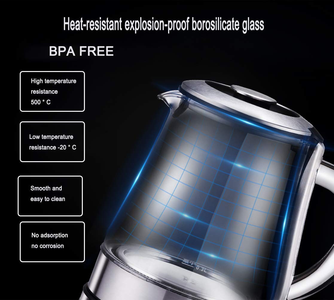 WYZQ Bollitore Elettrico in Vetro da 1,2 Litri, Bollitore Illuminato a LED Ecologico, Bollitore Wireless Senza Bpa con Coperchio Interno e Fondo in Acciaio Inossidabile, Spegnimento Automatico a