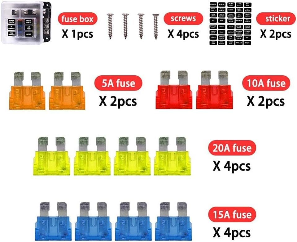 6-Way Fuse Box Blade Fuse Blocks with LED Warning Indicator Damp-Proof Cover for 12V/24V Automotive Car Truck Boat Marine Bus RV Van, 6 Circuit Independent Positive Negative