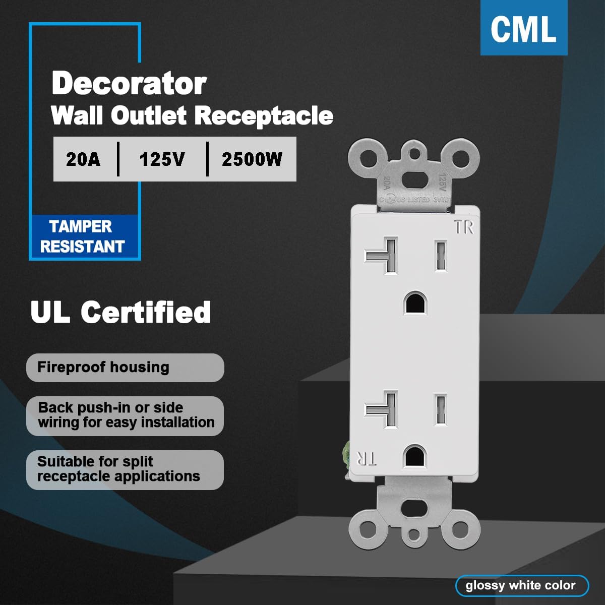 CML 20 Amp Decorator Receptacle Outlet with Tamper Resistant (TR), Standard Electrical Wall Outlet with Wall Plates, 20A/125V, UL Listed, White, 50 Pack
