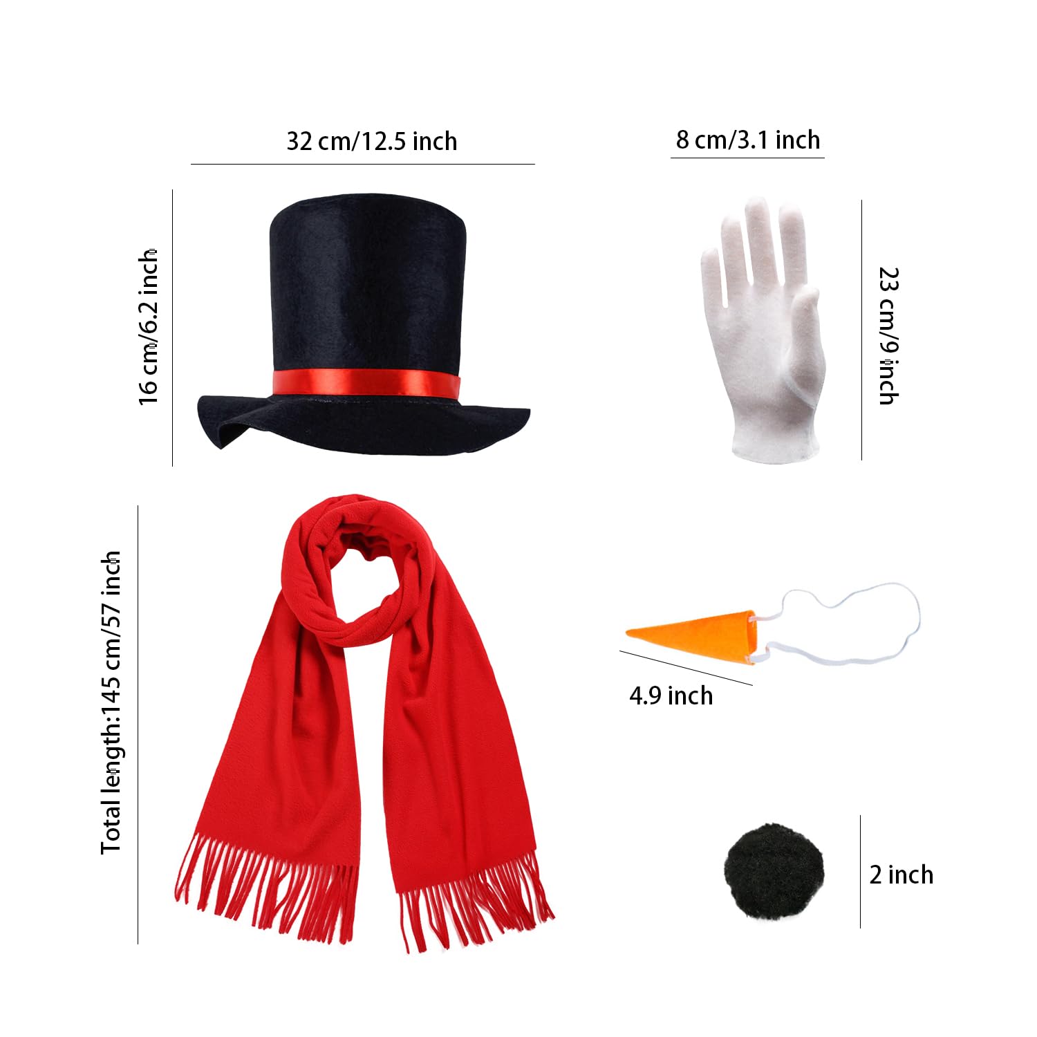 Lezevn 18Pcs Snowman Costume Kit Christmas Fancy Dress Black Top Hat Carrot Nose White Gloves Black Wool Balls for Party Cosplay - Image 2