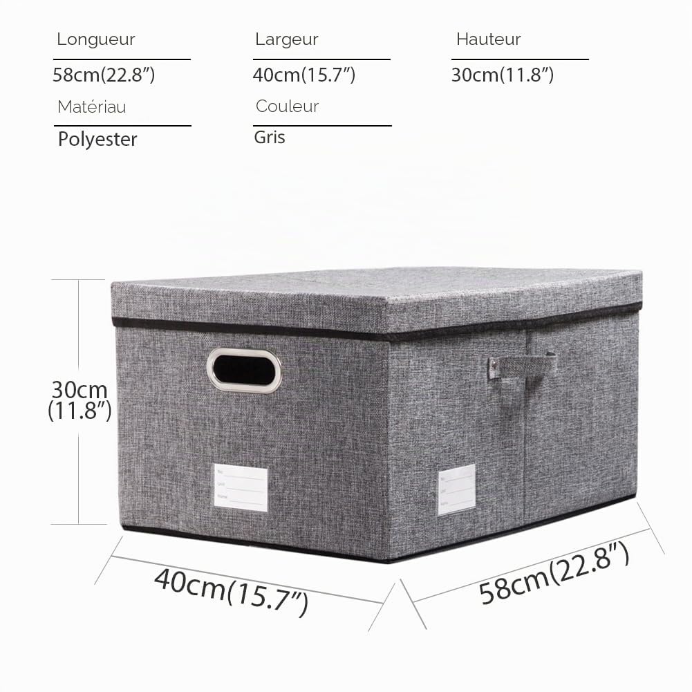 Prandom Grande Boîtes de rangement pliable avec couvercle,[Lot de 3] bacs de rangement de lin décorative, Panier Cube avec poignées,gris(58x40x30cm)