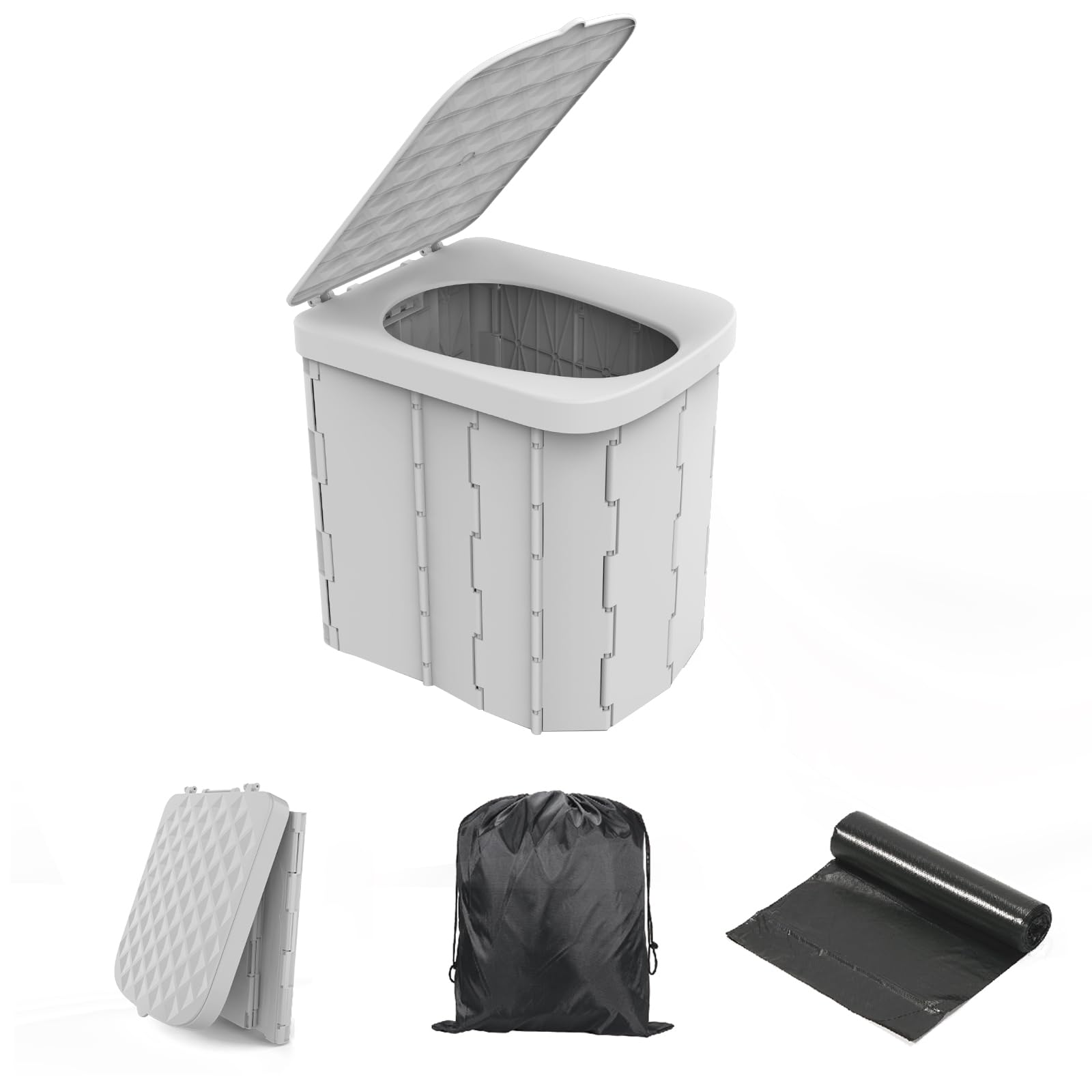 Hapoon XL Portable Folding Toilet with Lid - Travel Portable Potty for Adults, 12 Toilet Bags, 12 Pack Liquid Waste Gel