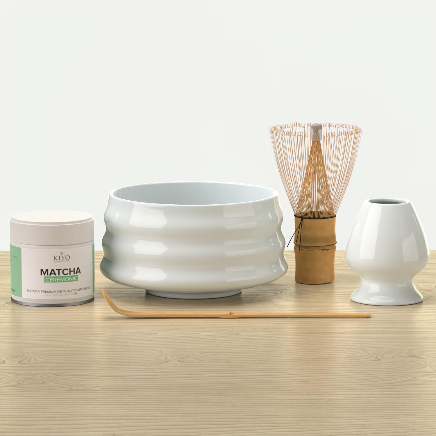KIYO Kit Matcha Complet Blanc – Fouet Chasen 100 Brins, Bol Chawan Céramique, Cuillère & Support | Matcha Cérémonial Japonais | Coffret Cadeau Premium
