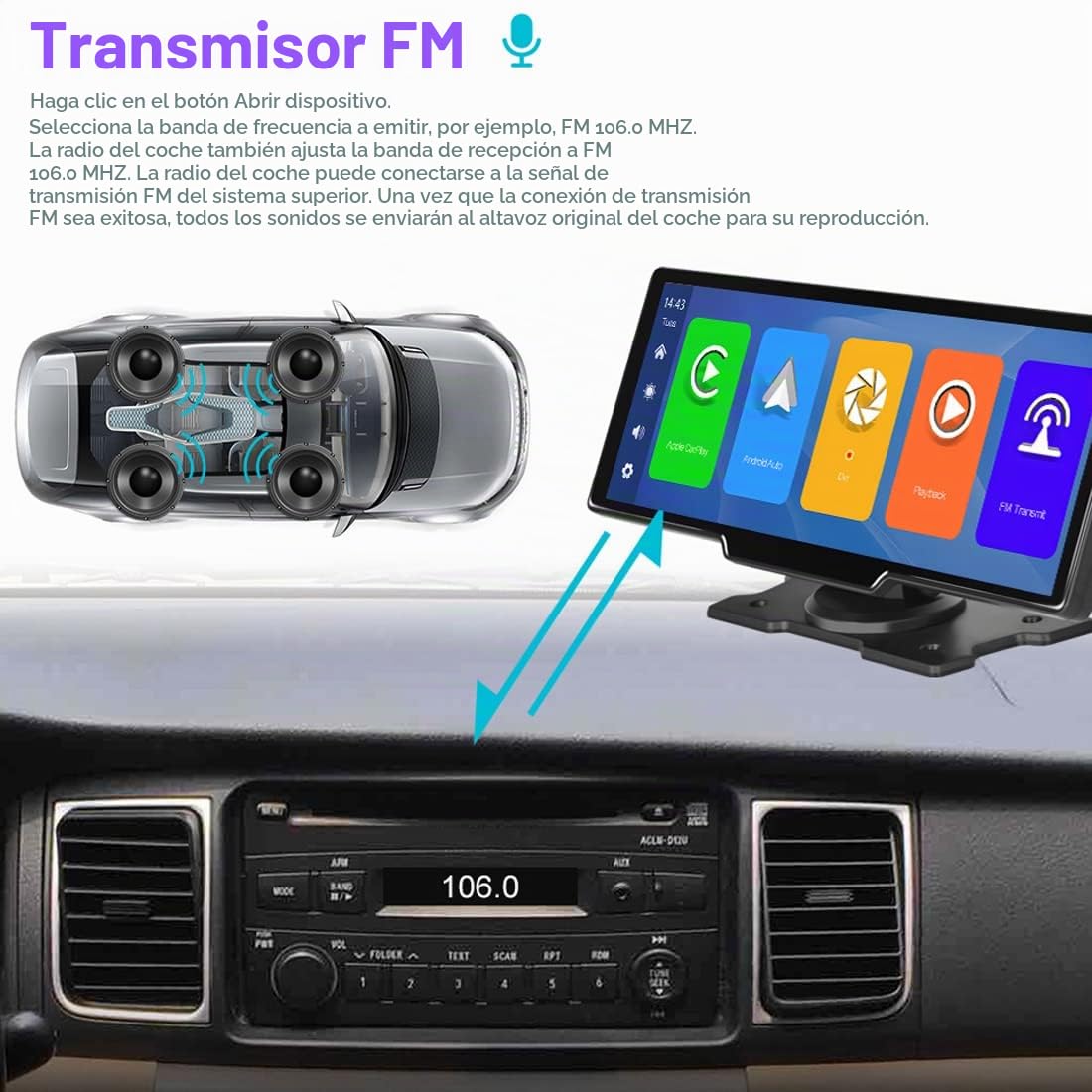 Apple CarAutoPlay inalámbrico y Android Auto Monitor de Coche con Pantalla táctil de 10" Estéreo de Coche, DVR, Autoradio en el salpicadero,Llamadas Bluetooth con cámara de visión Trasera Tarjeta 64G