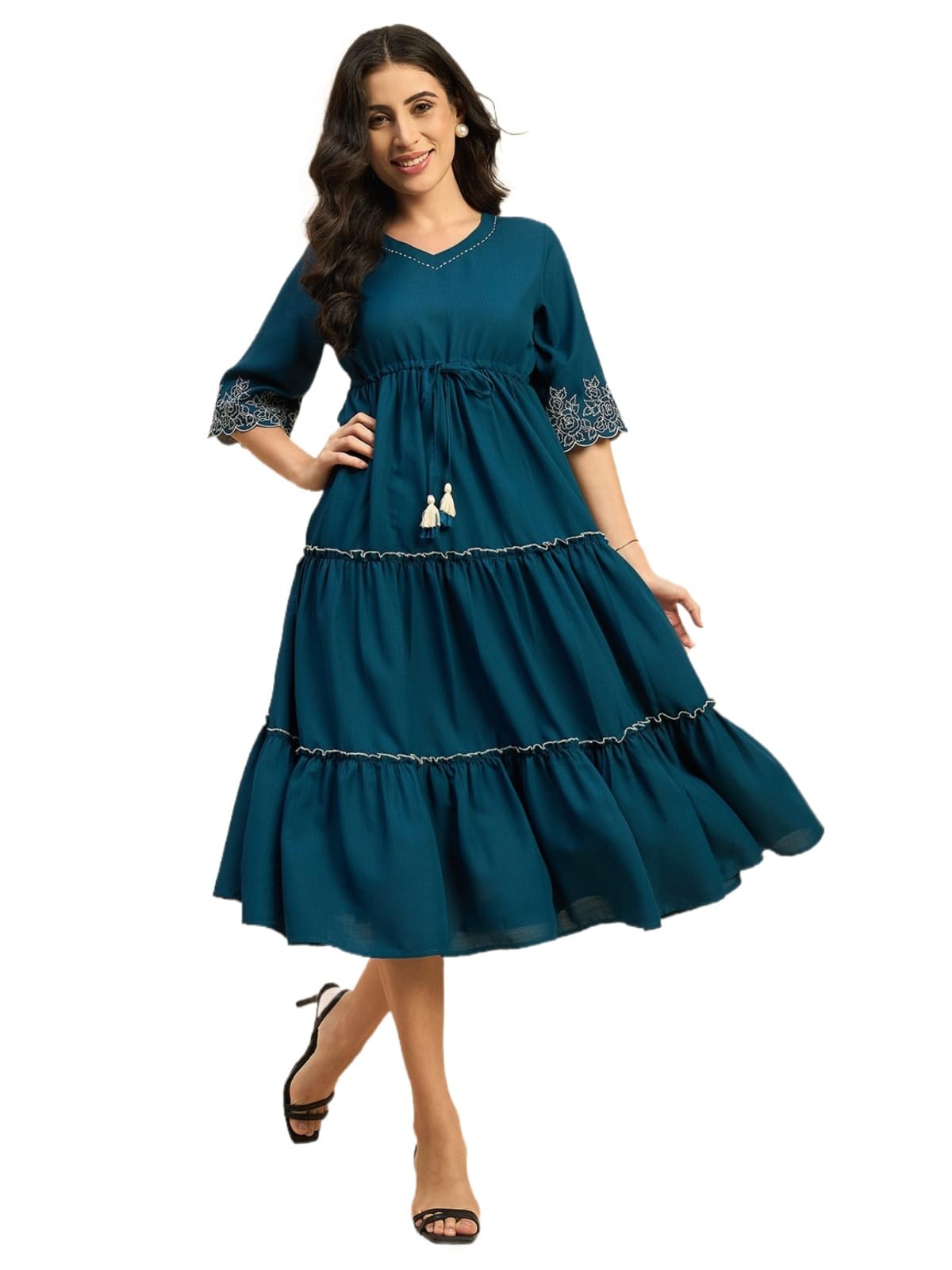 azira Rayon Soild V- Neck with Embroidery Work Fit & Flared Two Tiered Midi Dress | Casual Dress Dress for Woman| Summer Dress-picture-17