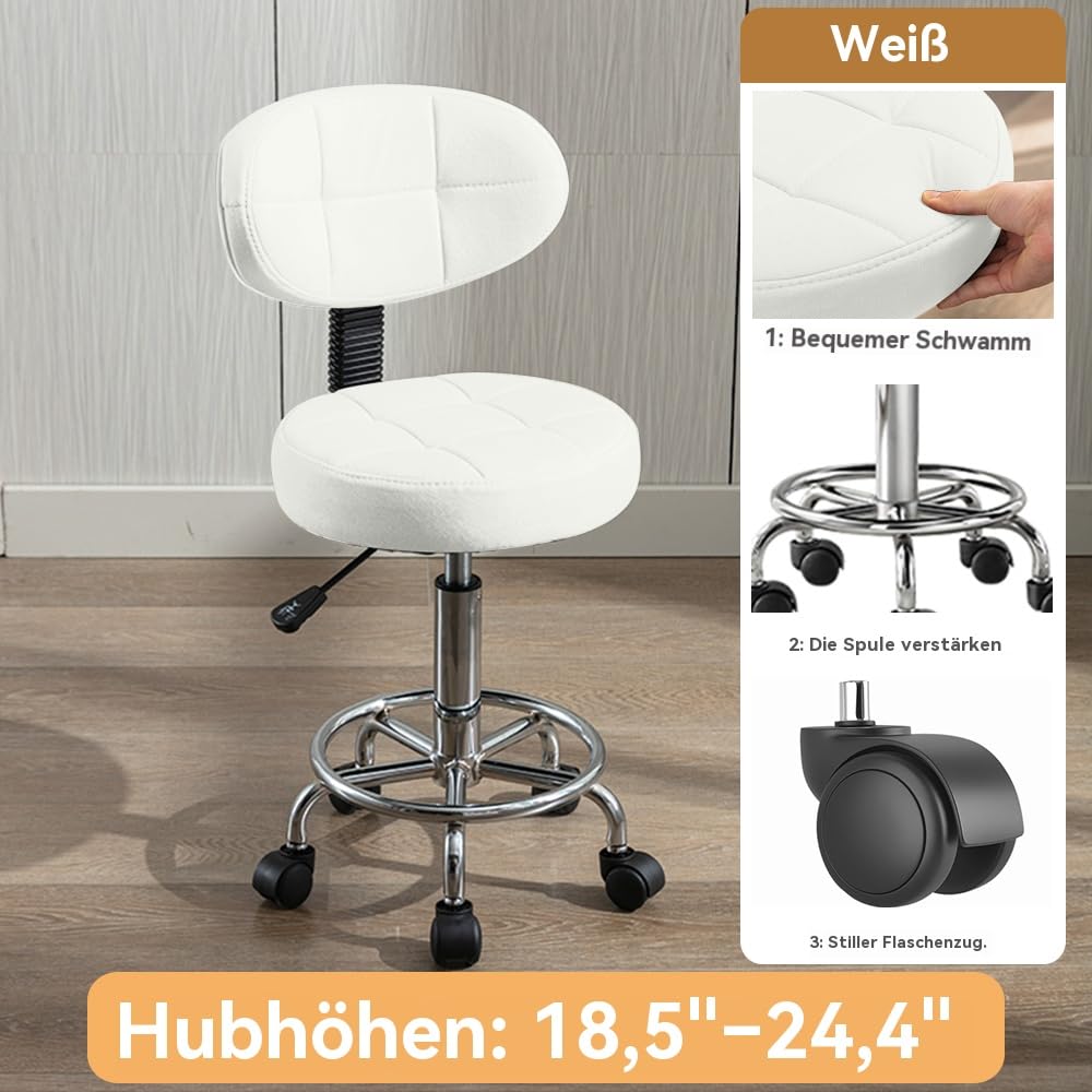 Moderner Bürodrehstuhl - Rollhocker mit Niedriger Rückenlehne und Höhenverstellung - Drehbare Arbeitsstuhl mit Fußstütze für Büro,Zuhause,Salon oder Zeichenraum(Weiß,Packung von 1)
