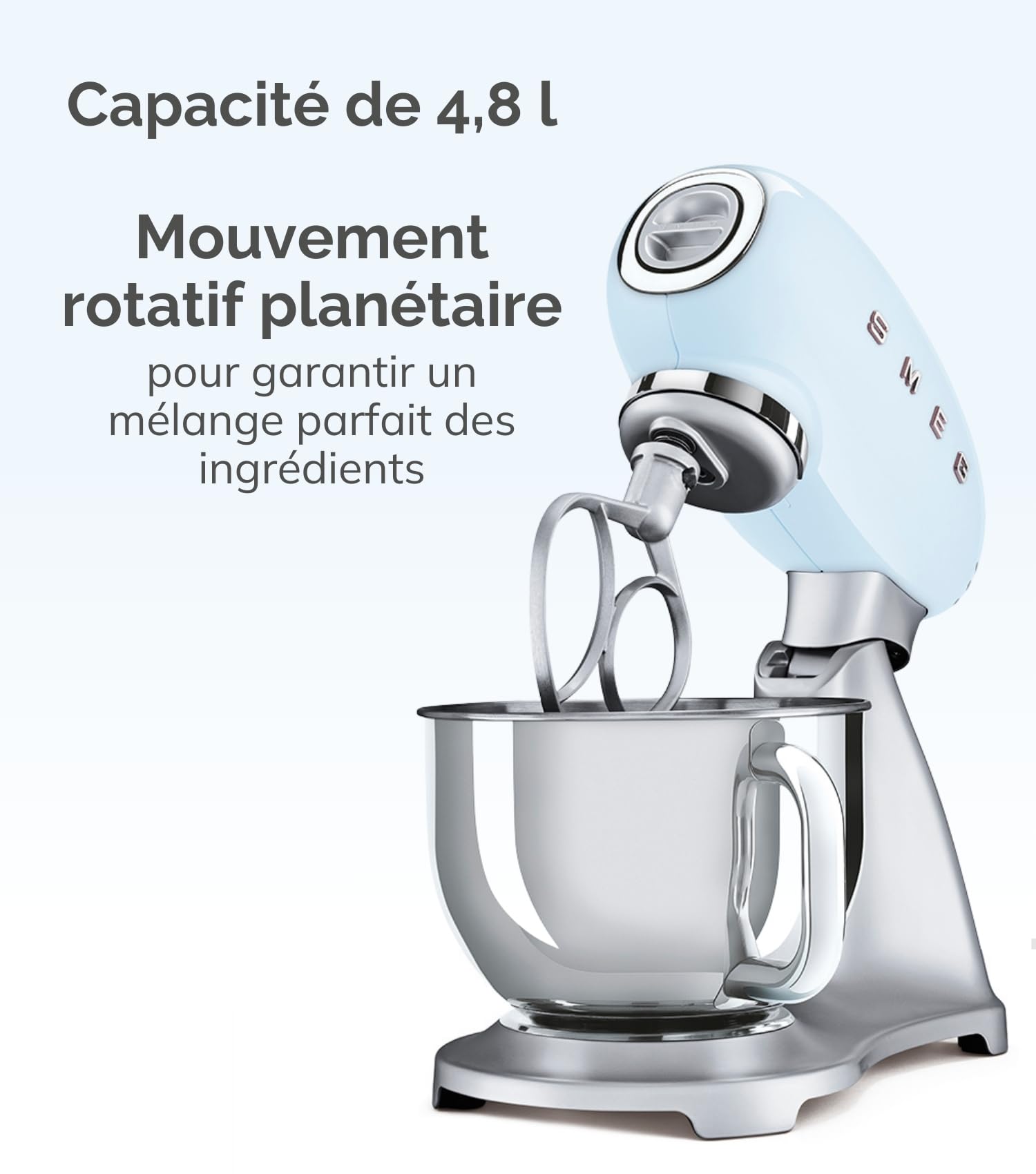 Smeg, Robot Pâtissier SMF02BLEU, 10 Niveaux de Vitesse, Fonction Mise en Marche Progressive, Bol 4,8 L, Verrouillage Moteur de Sécurité, Batteur Plat, Crochet et Couvercle Fournis, 800W, Noir