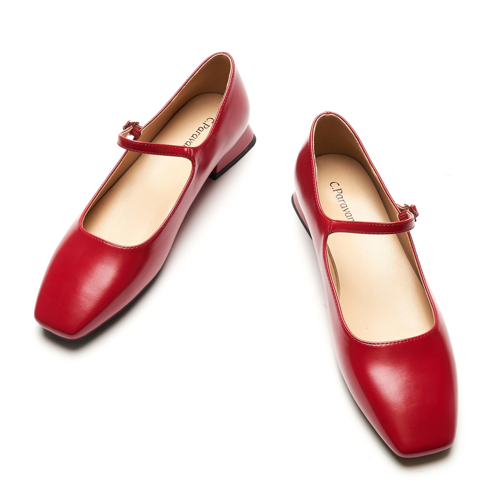 C.Paravano Women's Mary Jane Flats Adjustable Strap & Square Toe | Memory Foam Comfort | Perfect for Office, Weddings, Travel