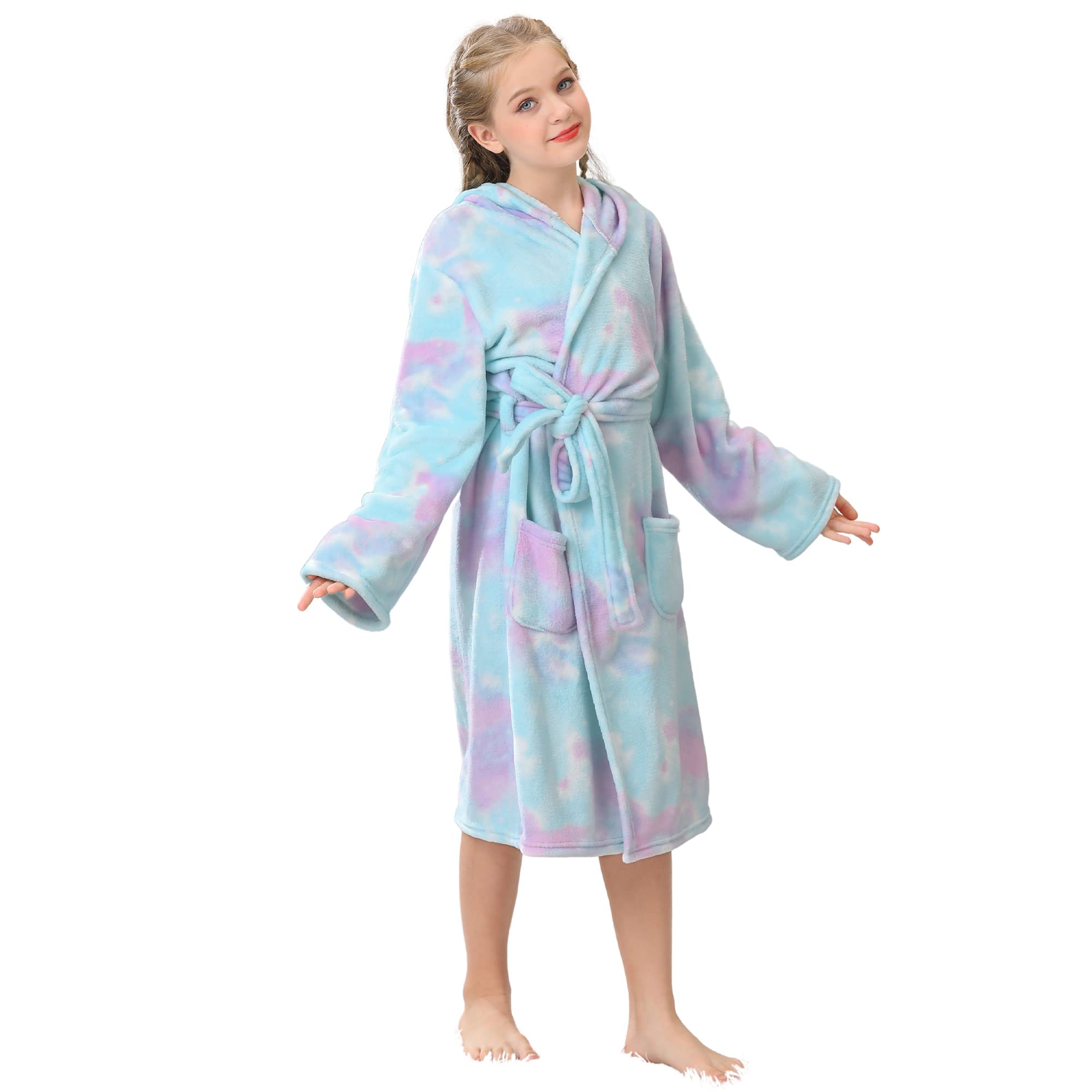 V.&GRIN Girls Fleece Robe, Plush Hooded Soft Fuzzy Warm Fluffy Bathrobe for Kids 5-14 Years