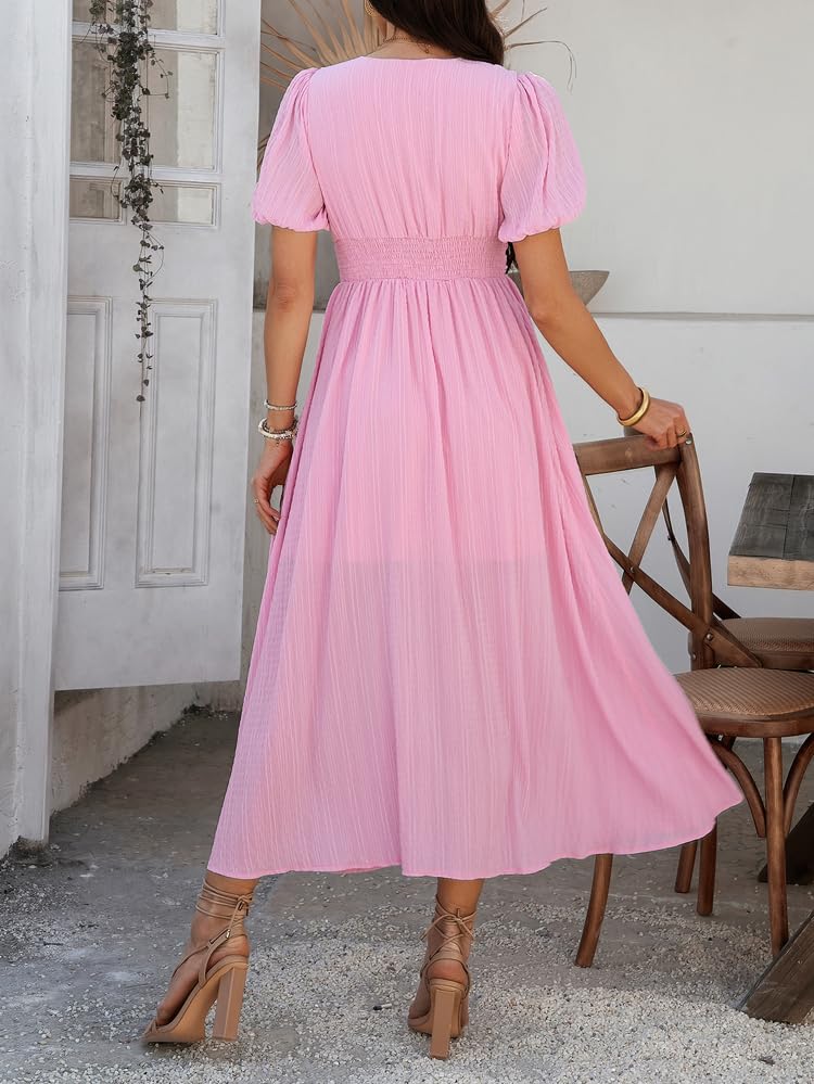 Image of Women Summer Casual Midi Dress Puff Sleeve V Neck Ruched Button Front Split Boho Beach Vacation Wedding Dresses 2026