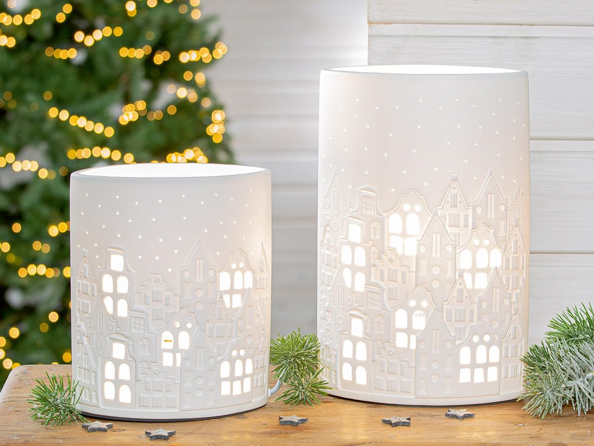 GILDE Tischleuchte Stadtlichter Porzellan weiß Hausmotiv Höhe 28 cm Beleuchtung Dekoration Wohnaccessoire Lampen