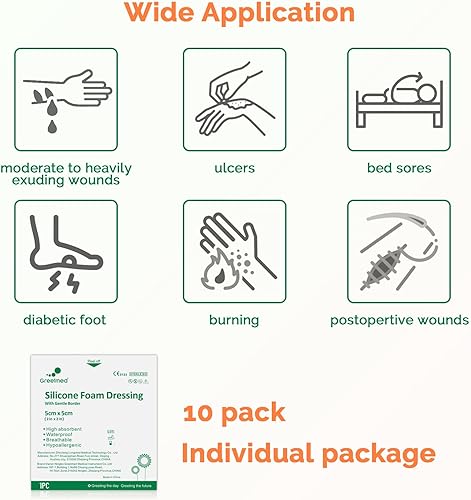 Miniatura 4 de Apósito de espuma de silicona de 2 x 2 pulgadas con borde, paquete de 10 vendajes adhesivos impermeables para heridas  Cinta de espuma grande de