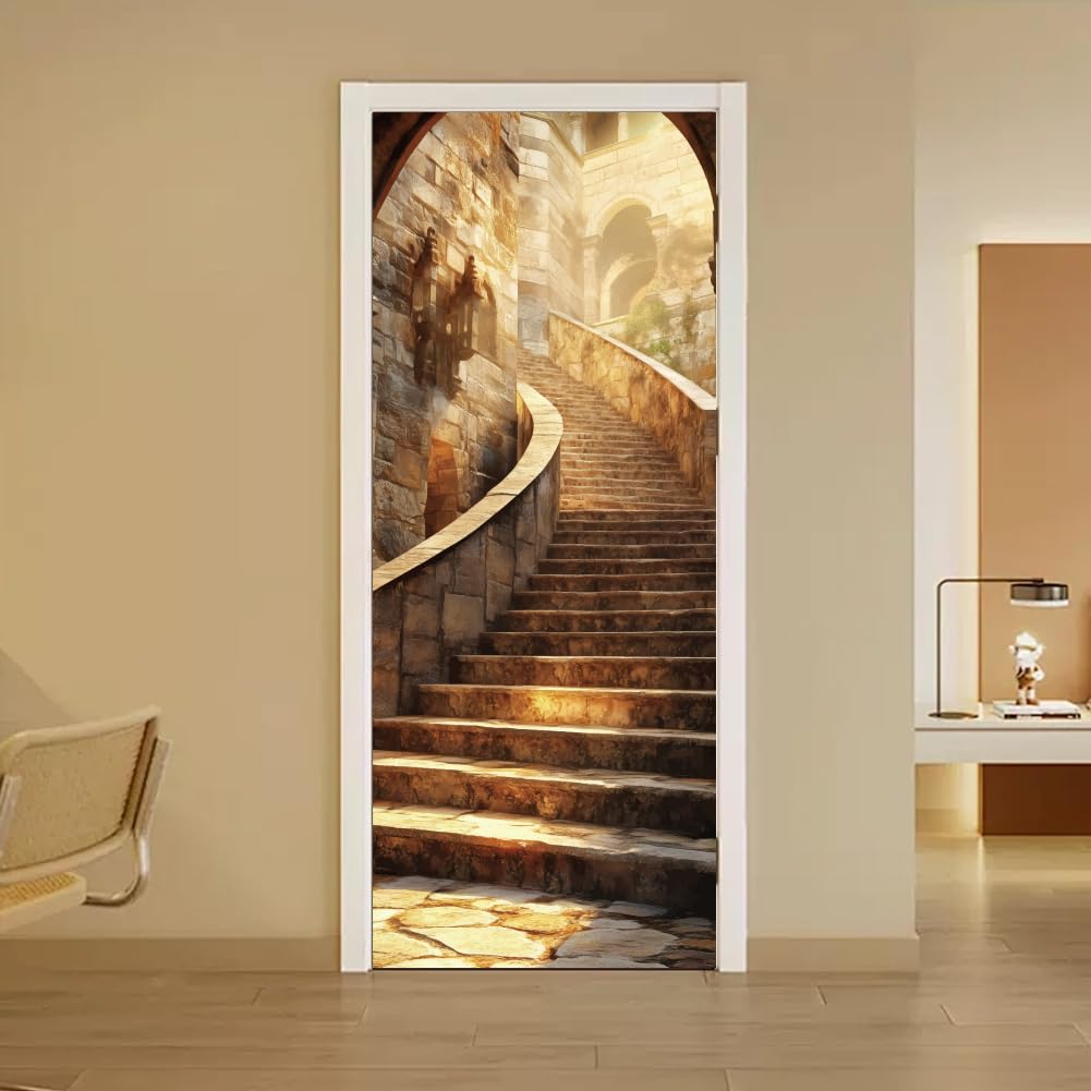 arricraft 2 Pcs Self-Adhesive Door Stickers, 31.5"x78.7" Stone Steps Pattern Door Murals Stickers PVC Door Removable Wallpaper Decoration for Bedrooms Living Room
