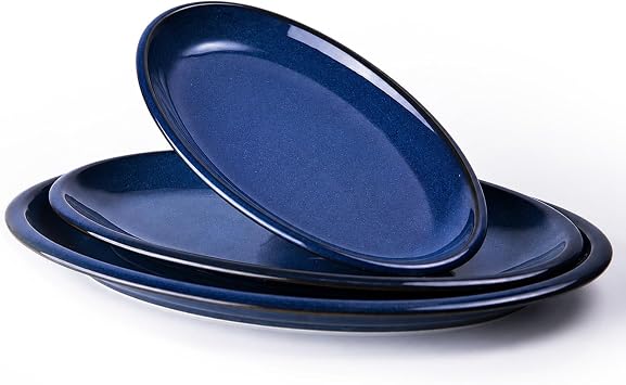 DOWAN Ceramic Serving Platter Set of 3-16"/14"/12" Large Serving Tray for Party Food, Turkey & Cheese, Oval Serving Dishes for Entertaining - Oven & Dishwasher Safe - Blue