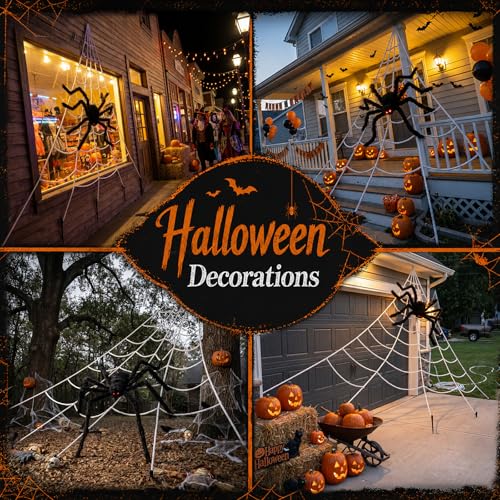 Image of Land Guard 236'' Big Spider Web Halloween Decor+70'' Huge Spider for Roof with Triangular Big Web for on House Outside and Inside