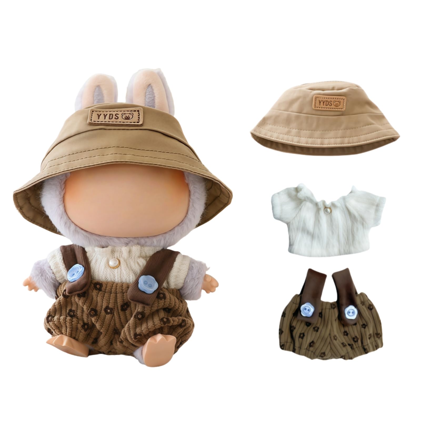 Clothes for Lu bubu 17cm Dolls Accessories(No Doll), Cute Outfit Set 3 Pieces Bib Pants Suitable for 17cm Doll Suit, Stylish Dress Up Overalls Doll Clothing Set Replacement with Hat Clothes Brown