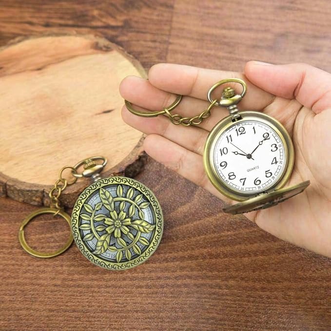 Image of AUGEN Premium Pocket Watch Metal Keychain Flower 4 Retro Vintage for Gifting With Key Ring Anti-Rust (Pack Of 1)