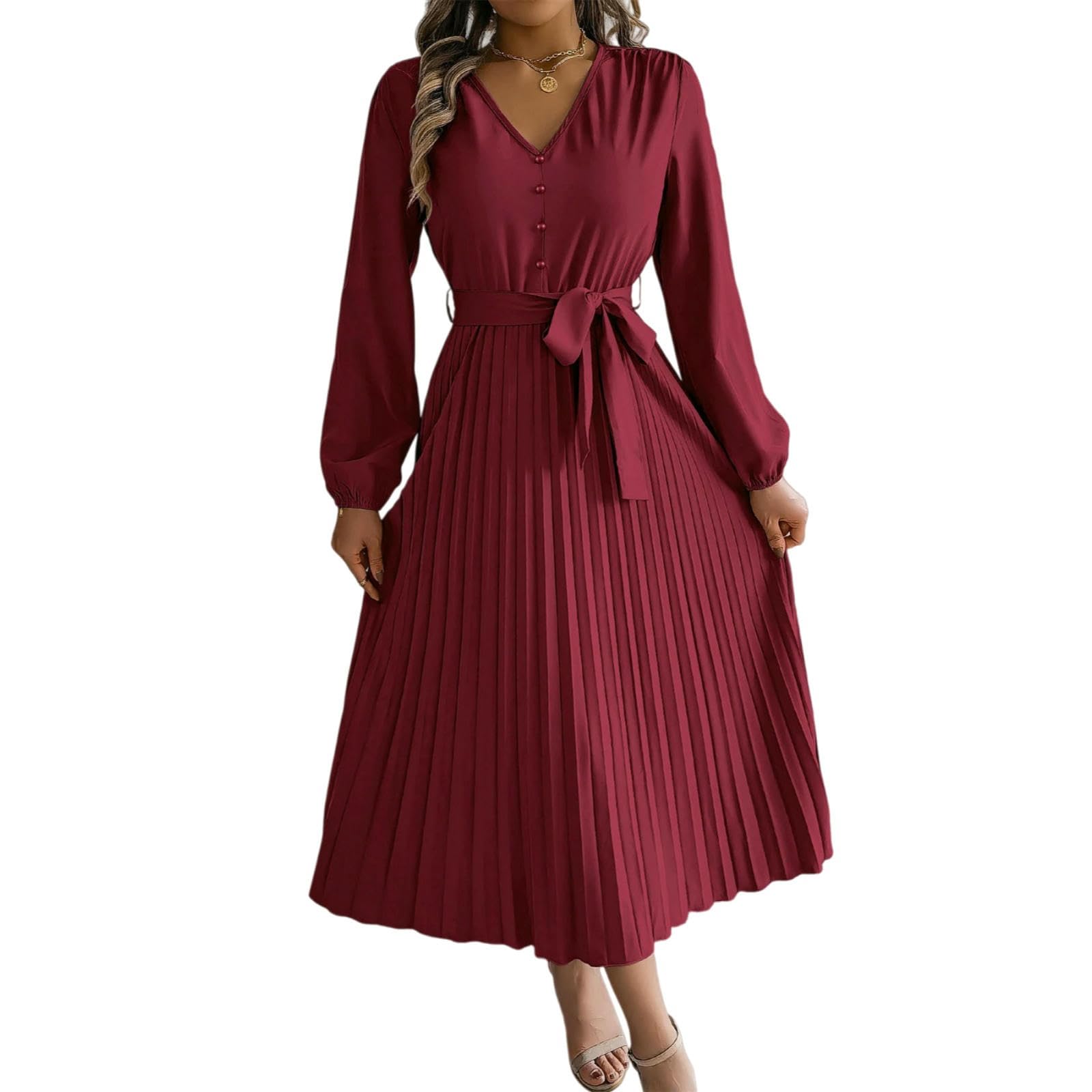 Vestito Manica Lunga Donna Plissato Maxi Abito, V Collo Pizzo su Bottone Dettaglio Elegante per L'autunno Inverno Casual & Indossamento Serale-Khaki-s