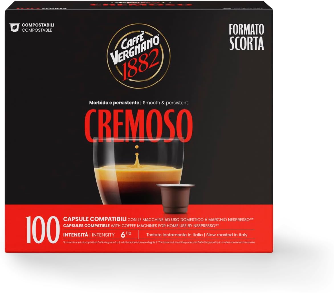 Caffè Vergnano 1882 - 100 Capsule - Caffè Compostabili e Compatibili con Nespresso, Cremoso - Pack da 100 capsule