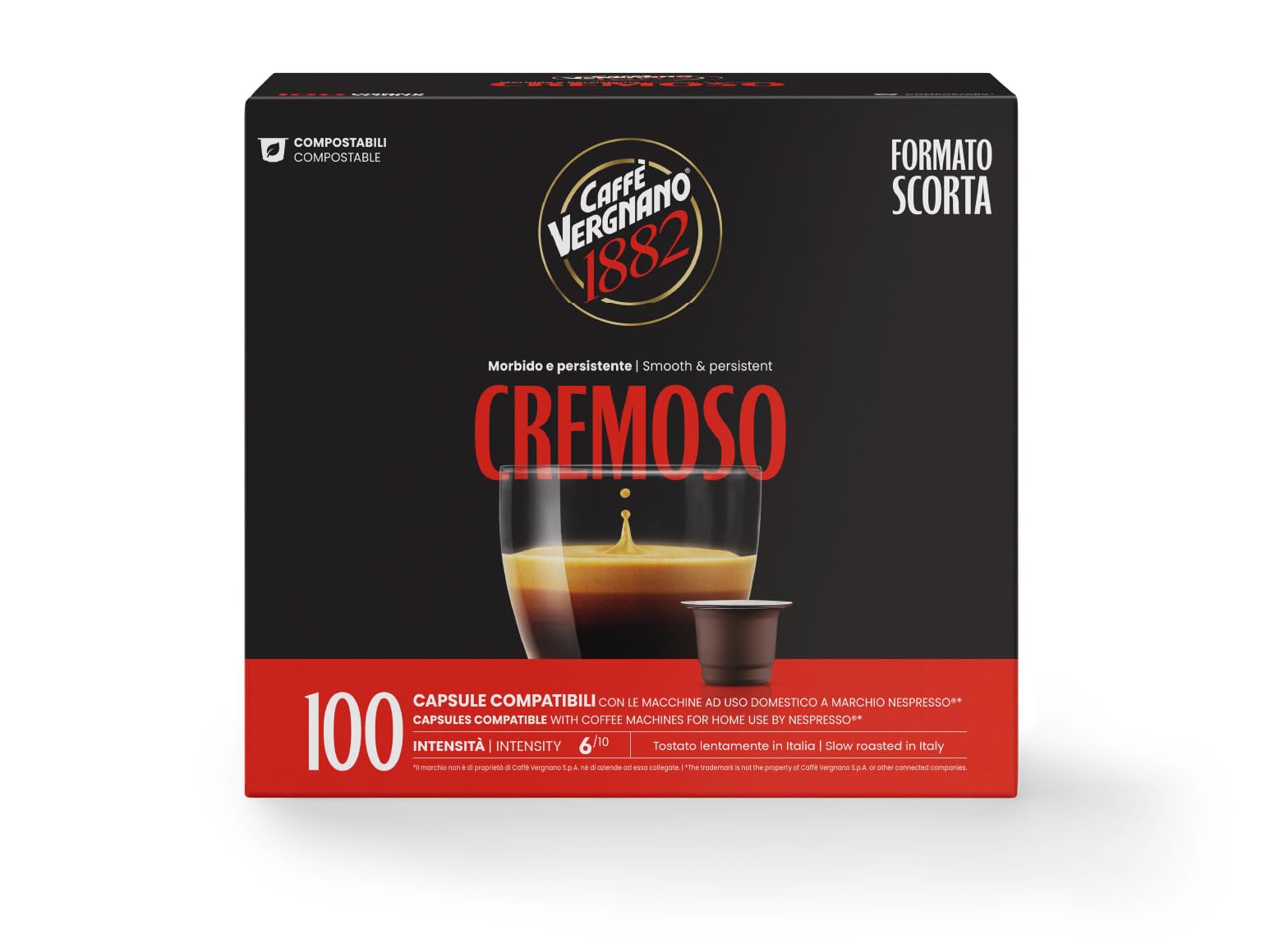 Caffè Vergnano 1882 Èspresso Cremoso, 100 Capsule, Compatibili Nespresso, Compostabili