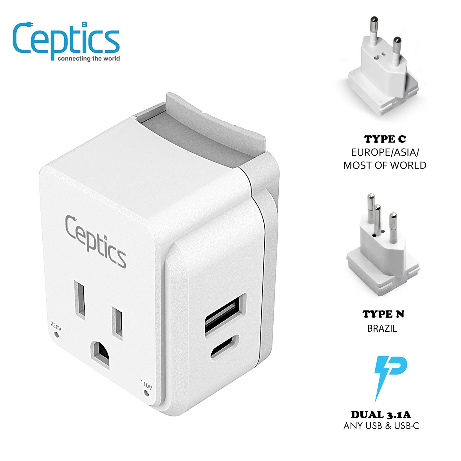 Brazil Power Plug Adapter Travel Set by Ceptics, Safe Dual USB & USBC