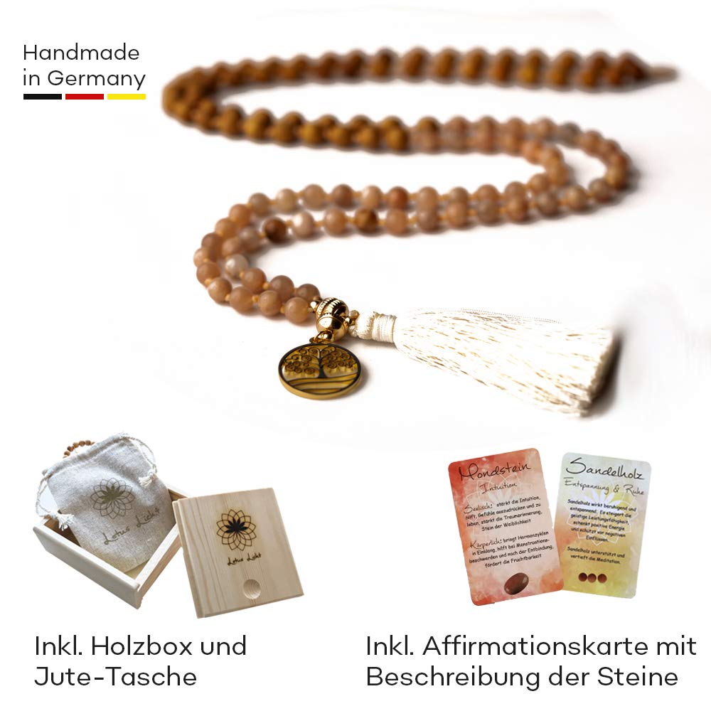Mondstein Edelsteinschmuck Mala Edelsteinkette Yoga Meditation Geschenk-Set mit Holzbox Jute-Täschchen Affirmationskarten INTUITION Naturstein Sandelholz handgemacht in Deutschland