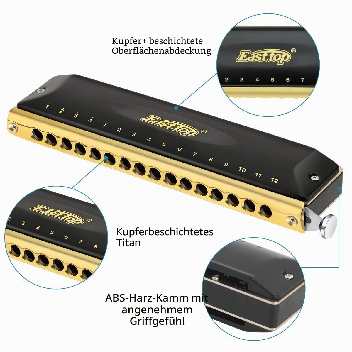 East Top Chromatische Mundharmonika Tonart C 16 Hole 64 Tone Chromatic Harmonica für professionelle Spieler, Anfänger, Studenten, Erwachsene,als bestes Geschenk(BK)